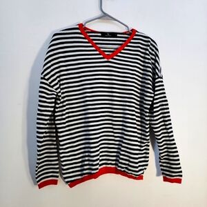 Black and White Striped Sweater with Red Accents